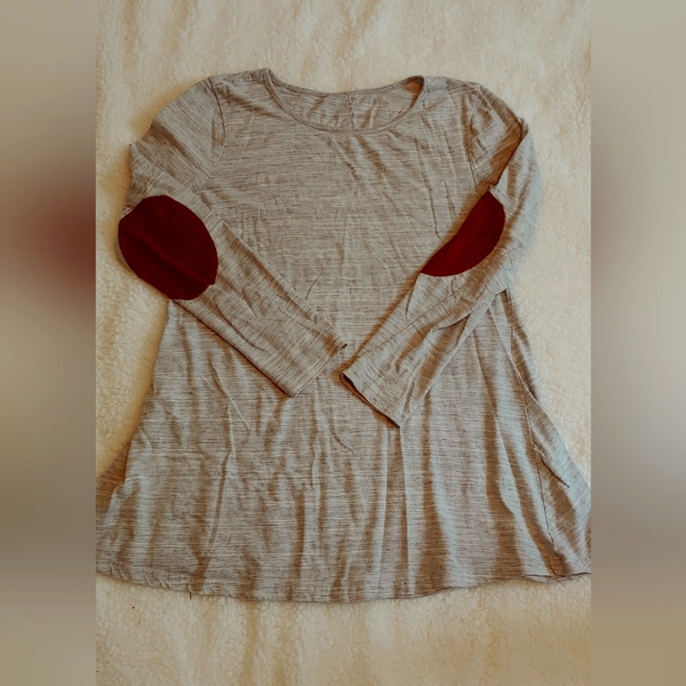 Grey Long Sleeved Brown Elbow Patched Tunic